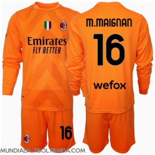 Camiseta AC Milan Mike Maignan #16 Portero Segunda Equipación Replica 2024-25 para niños mangas largas (+ Pantalones cortos)